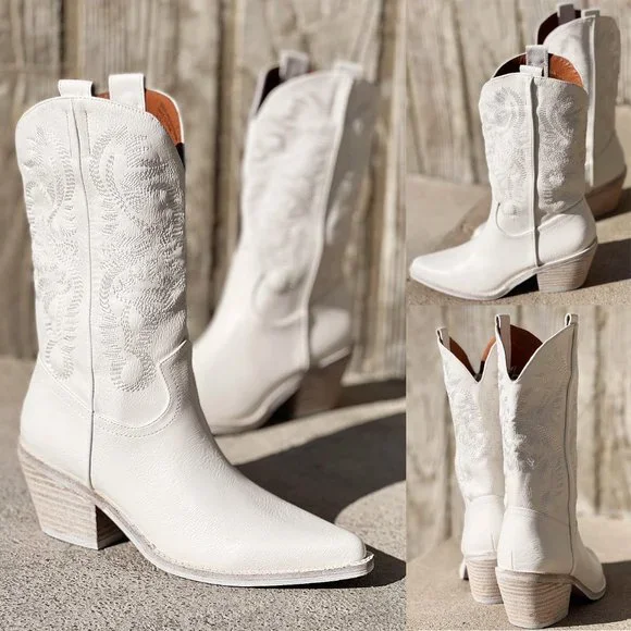 NEW White Cowboy Western Embroidered Stitch Pointy Toe Block Heel Mid Calf Boots - Picture 7 of 13
